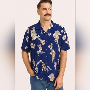 Bluewater Wear Men's Hawaiian Luau Button Shirt Size 3X Blue Floral Pin-up Girls